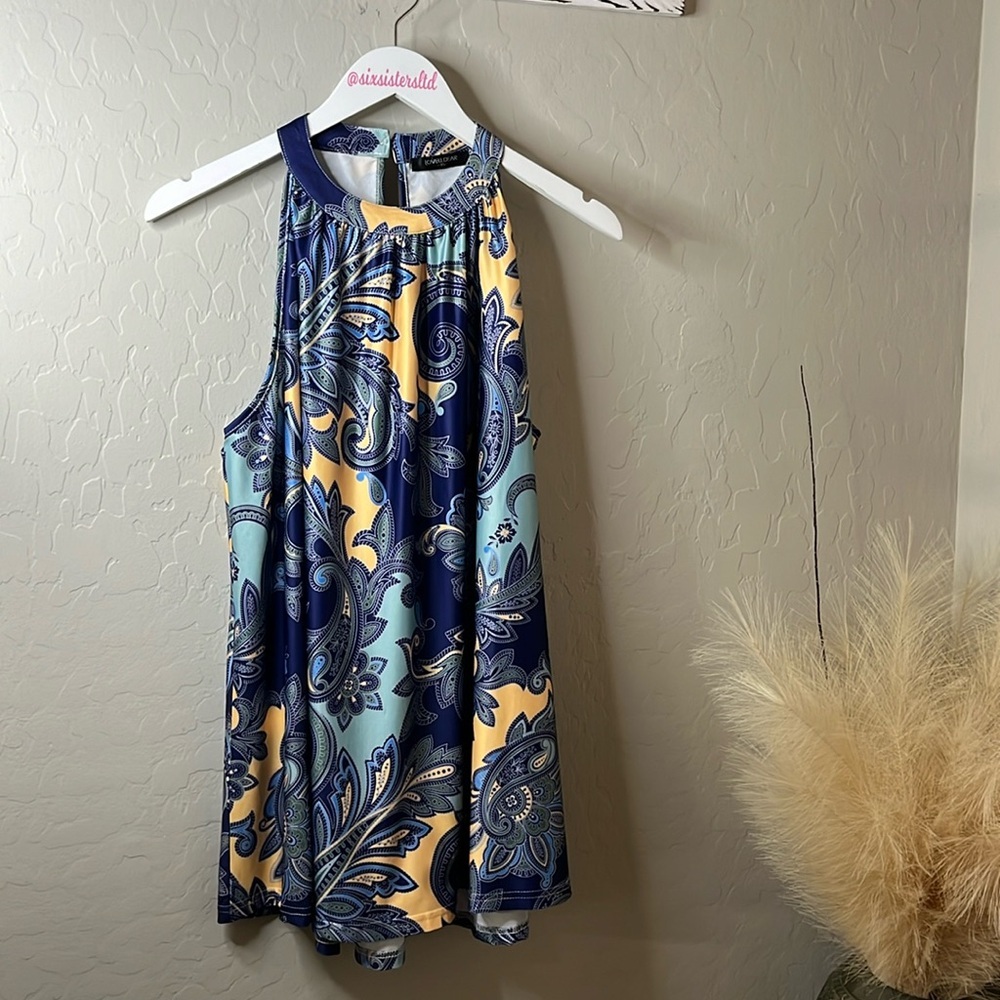 LOVEU.DEAR blue paisley dress deep armholes bare shoulders. Size XL.